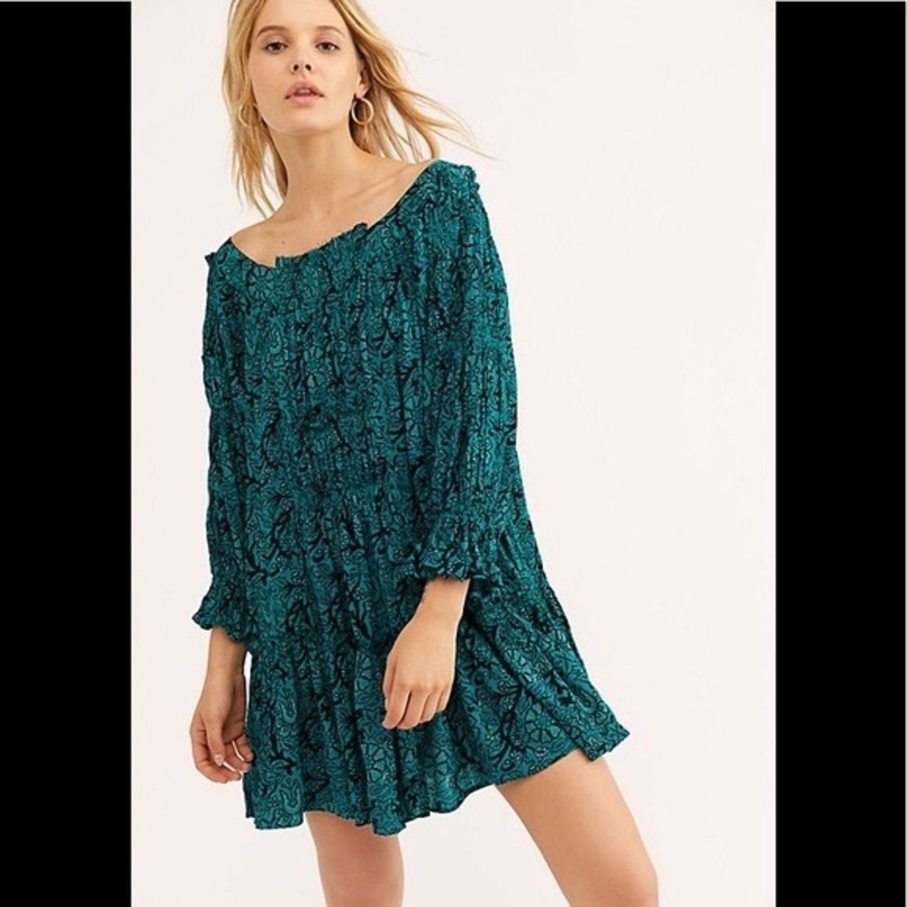 Free People Teal Patterned Mini Dress